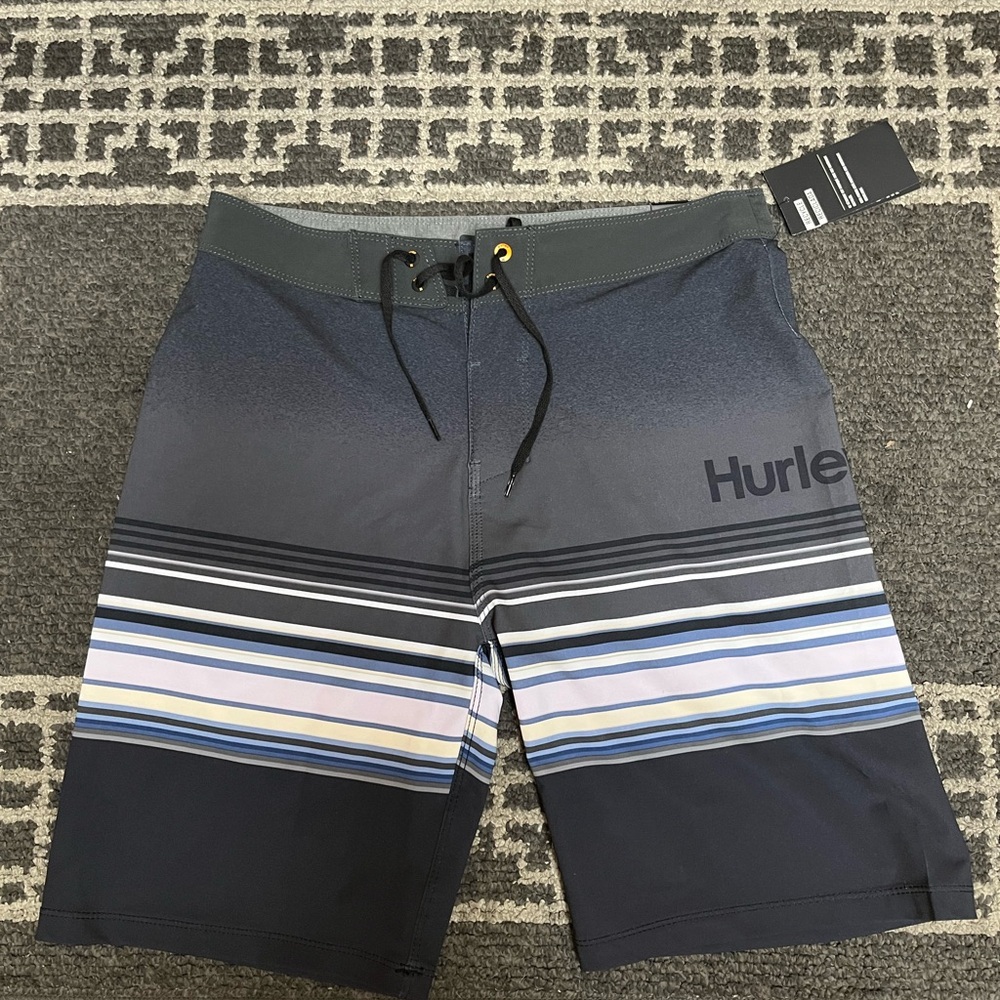Hurley Men's Gray and Black Striped Board Shorts
